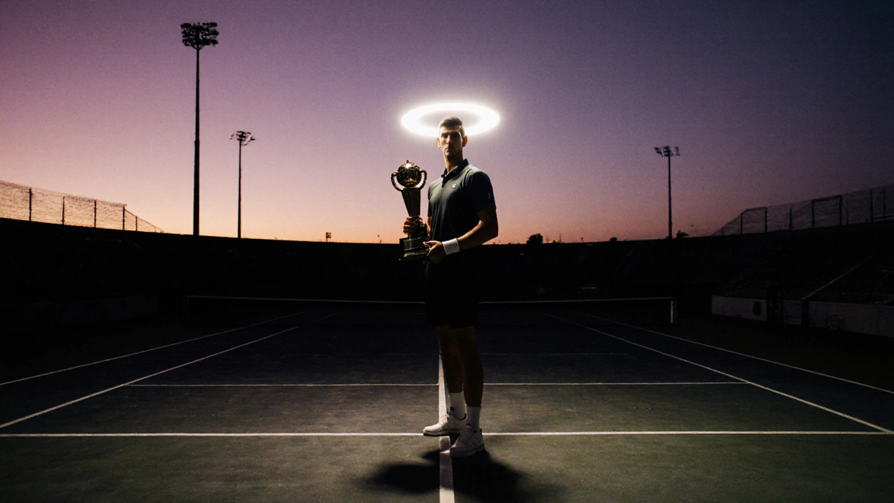 Djokovic in controluce su un campo vuoto al tramonto, con un trofeo luminoso che simboleggia la sua supremazia.
