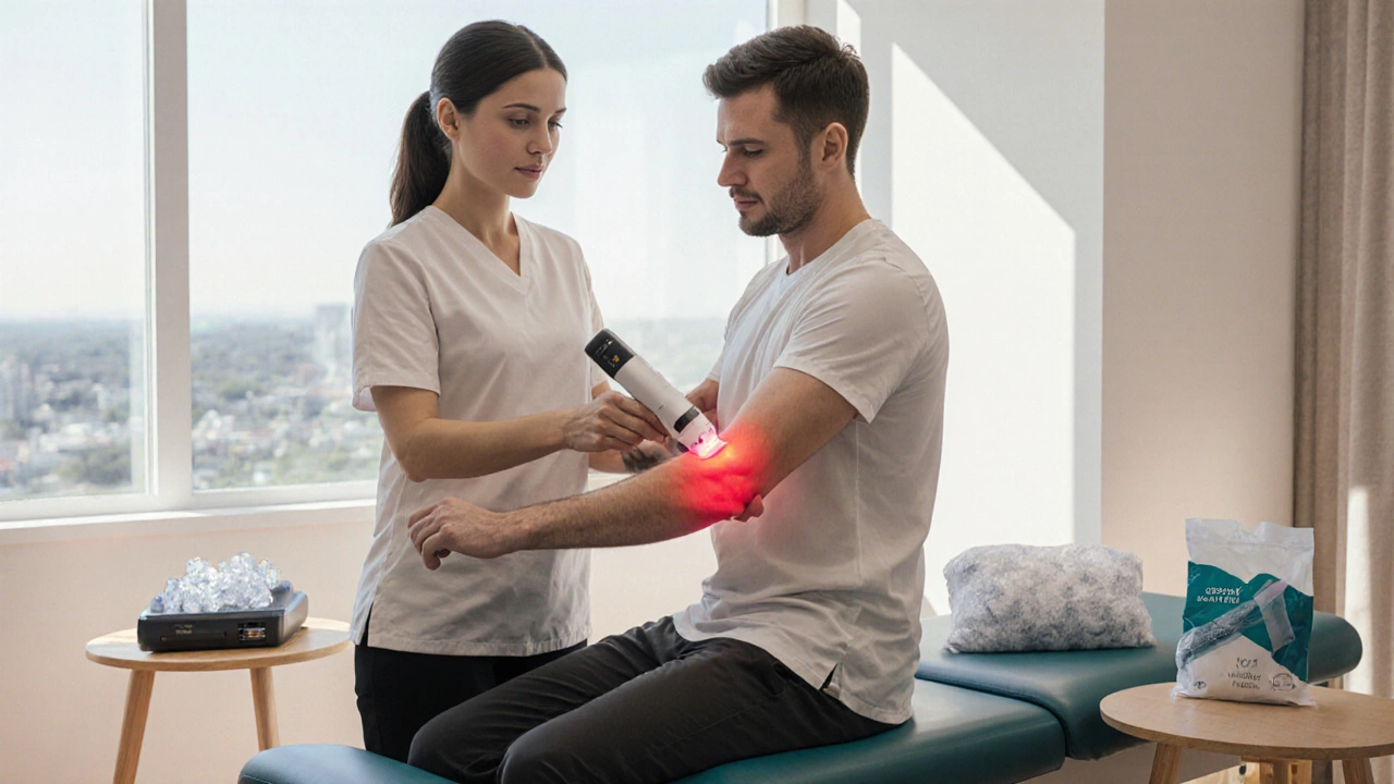 Fisioterapista che tratta il gomito con massaggio, ultrasuoni e ghiaccio in una clinica.