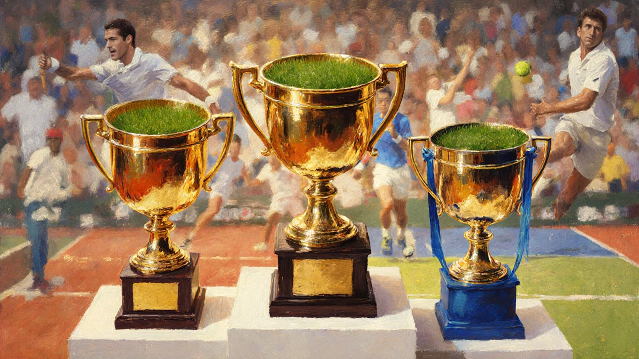 Tre trofei del Grande Slam su un piedistallo, ognuno con i colori delle superfici dei tre tennisti.