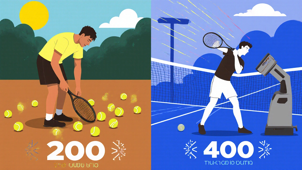 Confronto visivo tra un giocatore che raccoglie palline e uno che si allena con una macchina automatica.