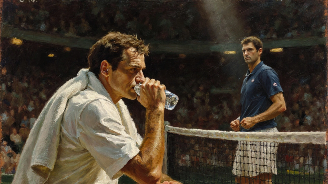 Federer on bench drinking water during Wimbledon final, opponent visibly tense, oil painting style.