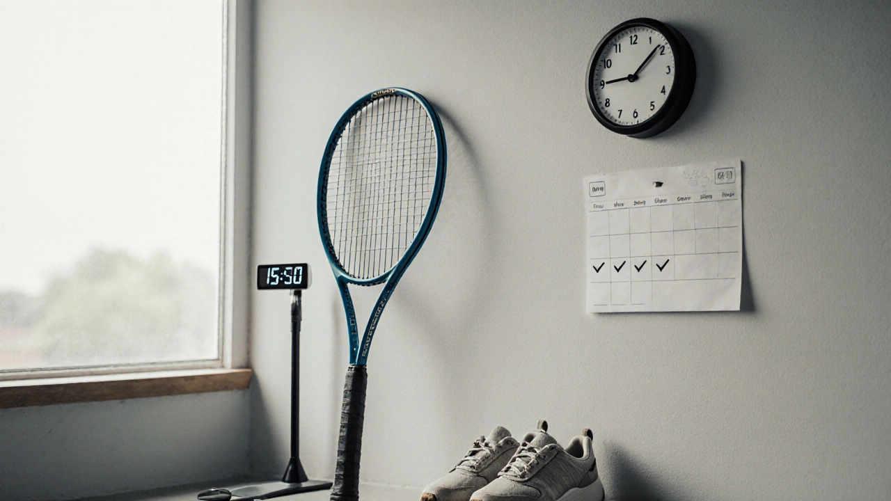 Macchina per palline da tennis accanto a una racchetta e scarpe da tennis, simbolo di allenamento costante.