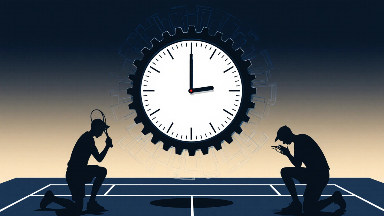 Minimalist Swiss clock above tennis court, shadowy players around it, symbolizing silent dominance.