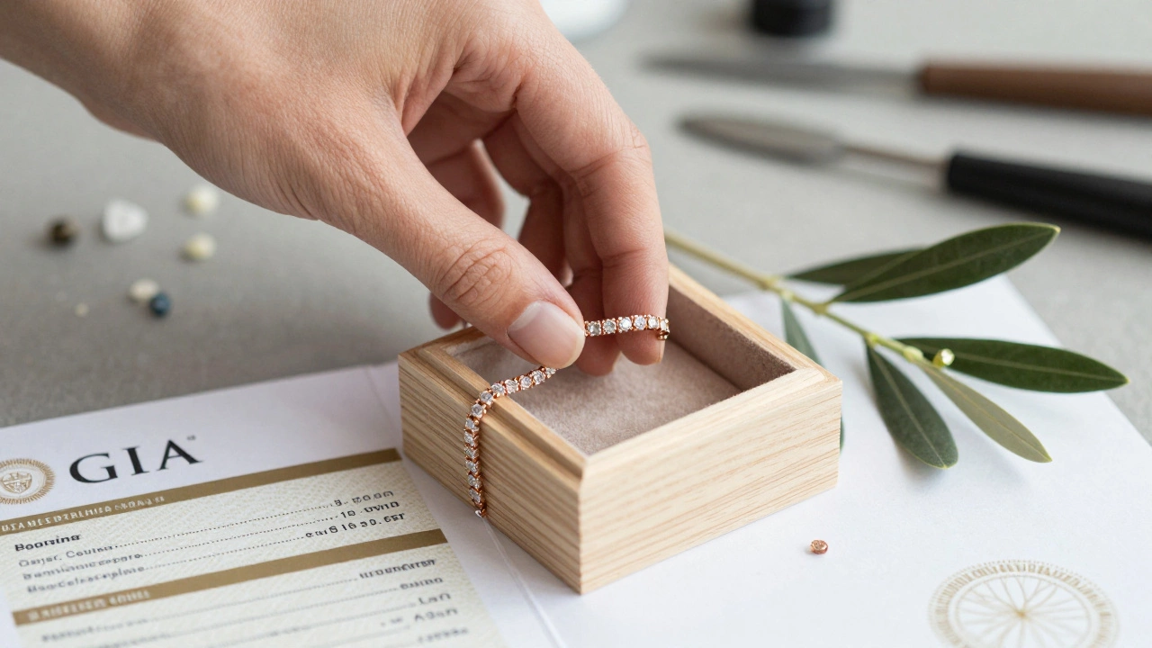 Braccialetto di diamanti in una scatola di legno con certificato e ramo d&#039;olivo.
