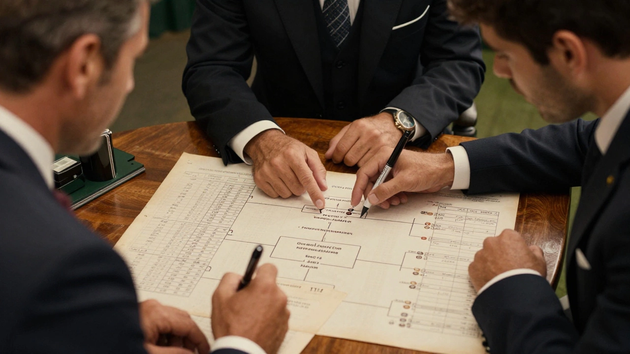 Esperti di tennis che analizzano dati e un tabellone per decidere le teste di serie, illuminati da una lampada calda.