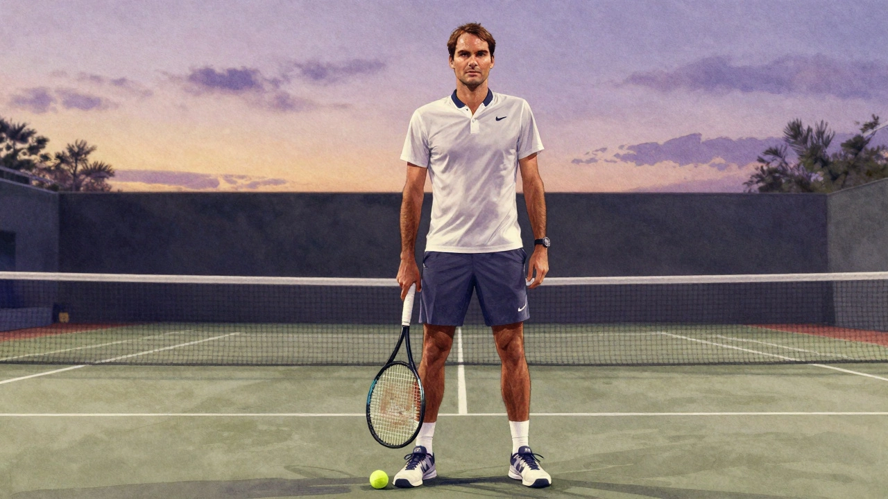 Federer sta in silenzio dopo un punto, sereno, racchetta al fianco, il campo vuoto sotto un cielo crepuscolare.