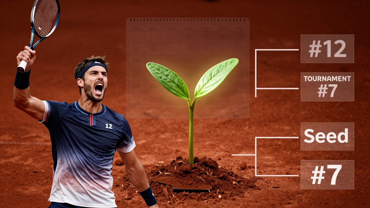 Giocatore classificato 12° ma testa di serie 7, con un germoglio che cresce dalla sua posizione nel tabellone.