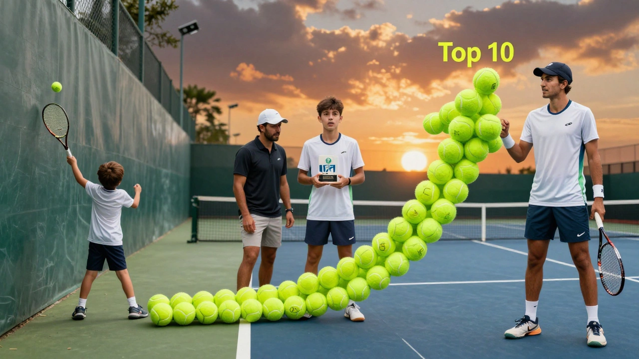 Montaggio della carriera di un tennista: dall&#039;allenamento quotidiano alla vittoria nazionale e ai tornei internazionali.