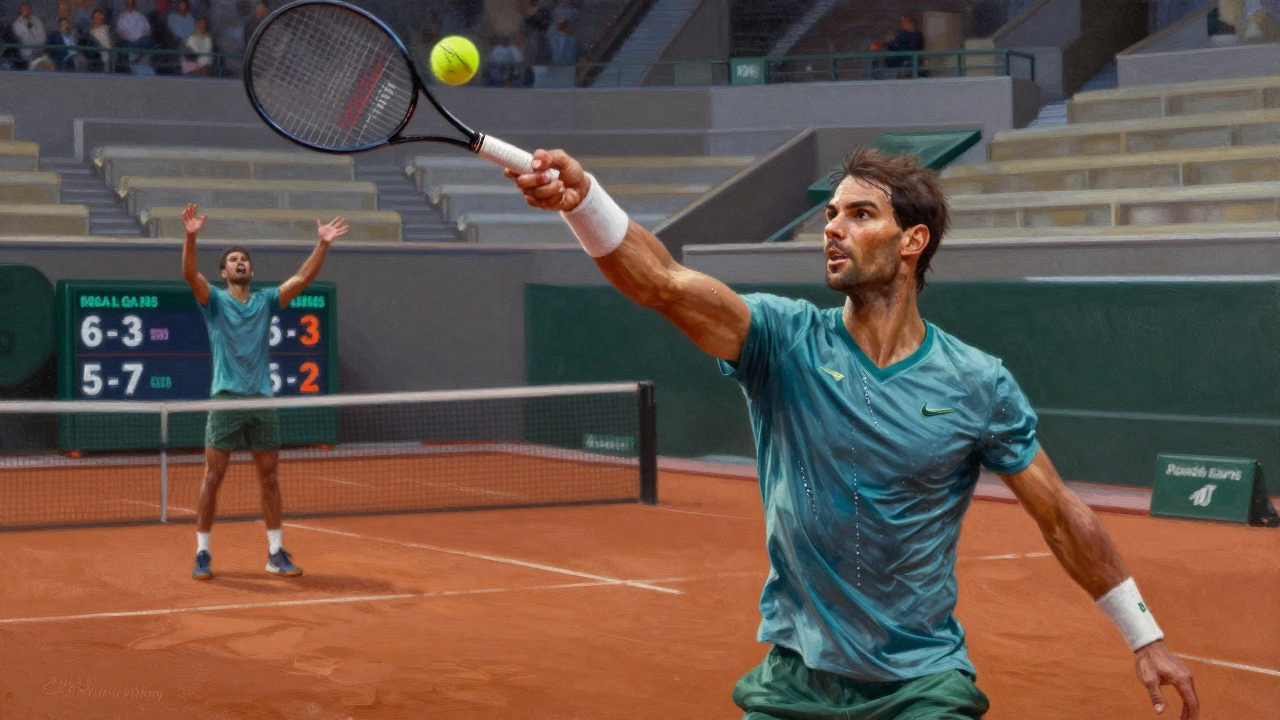Nadal colpisce un diritto in finale contro Thiem al Roland Garros 2020, terra bagnata, luce calante.