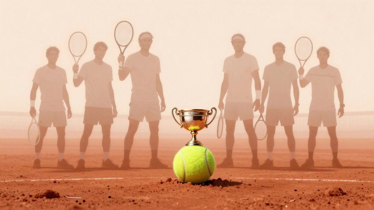 Palla da tennis su terra rossa con ombre dei trofei di Nadal, un nuovo trofeo che emerge dal terreno.