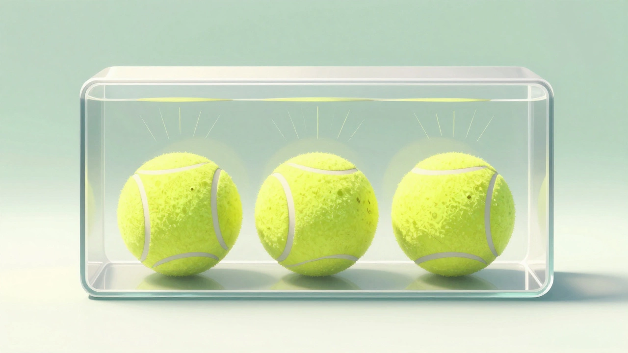 Sezione trasversale di un cilindro con tre palline da tennis e spazio d&#039;aria calibrato per mantenere la pressione.