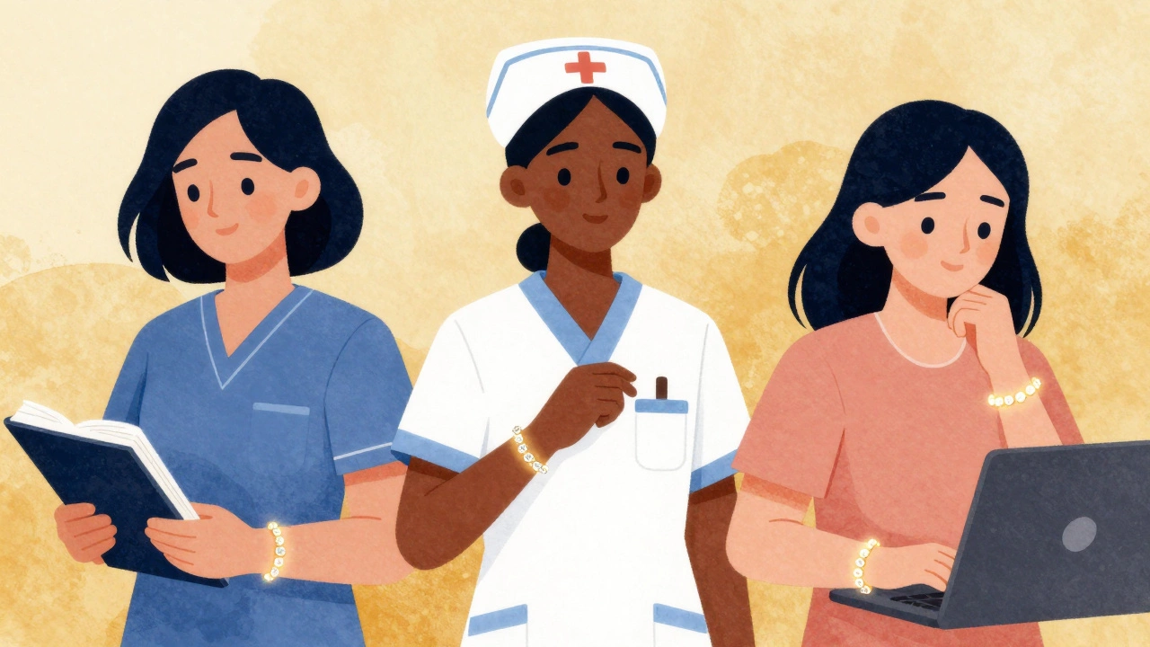 Tre donne diverse con braccialetti di diamanti, in siluetta contro luce dorata.