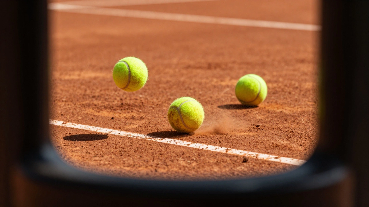 Tre palline da tennis in movimento su un campo in terra battuta, con diversi livelli di usura e polvere in sospensione.