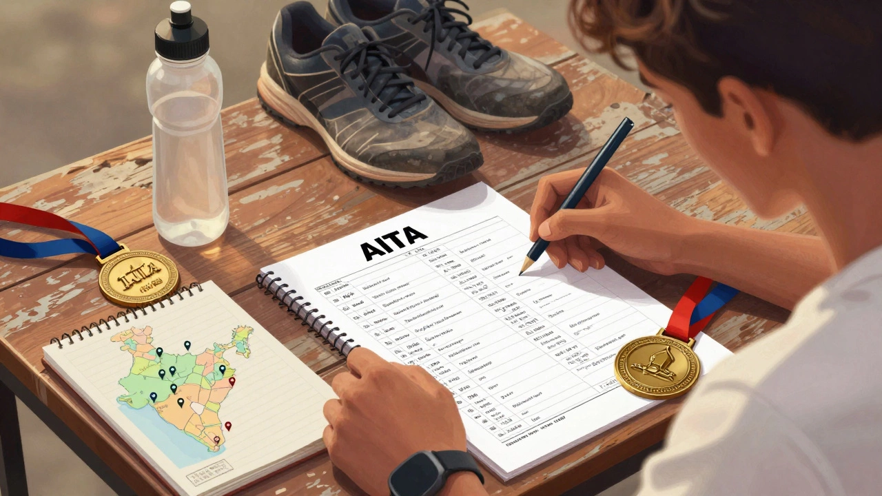 Un ragazzo studia un programma di tornei AITA su un tavolo di legno, con scarpe da tennis e una medaglia accanto.