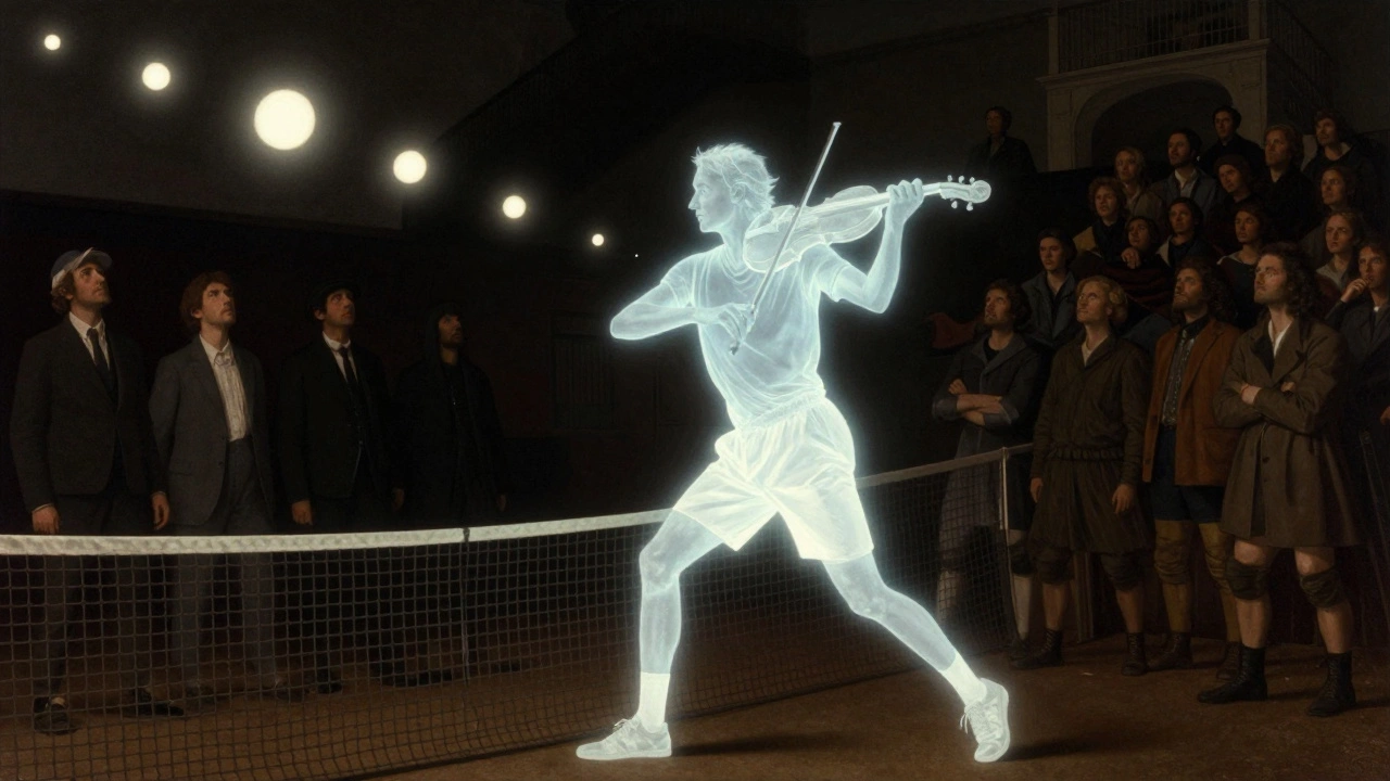 Una silhouette di Federer come un violinista che suona la rete da tennis, palline di luce fluttuano nell&#039;aria come note musicali.